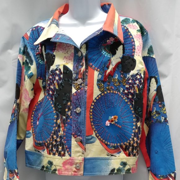 Kokomo Blue Beaded Asian Print Jacket Size L